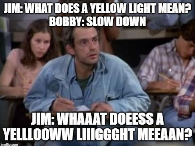 Jim's confusion over the question, "What does a yellow light mean?" creates one of the funniest moments in TV history from the classic sitcom Taxi