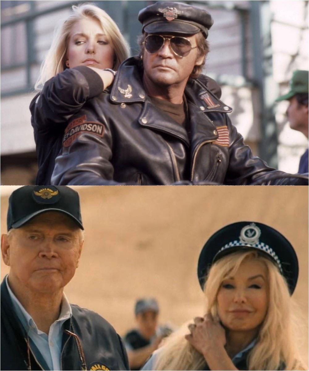 A nostalgic comparison: Lee Majors and Heather Thomas on set of "The Fall Guy" in the 1980s, and the actors today. The iconic duo brought action and charisma to the beloved TV series